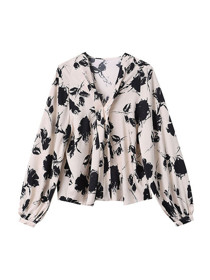 Loose Puff Sleeves Printed V-neck Blouses&shirts Tops