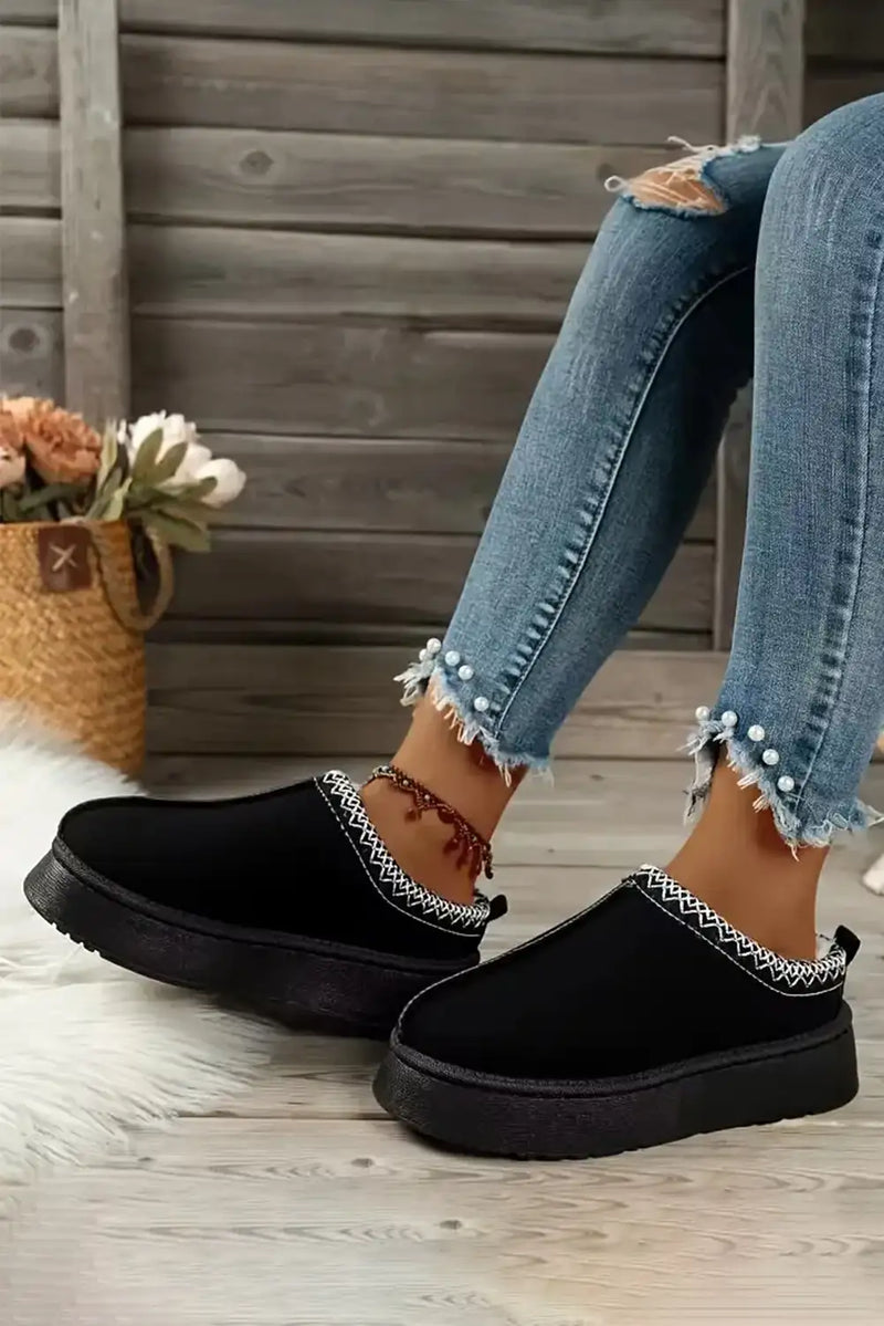 Cozy Black Suede Contrast Print Snow Boots