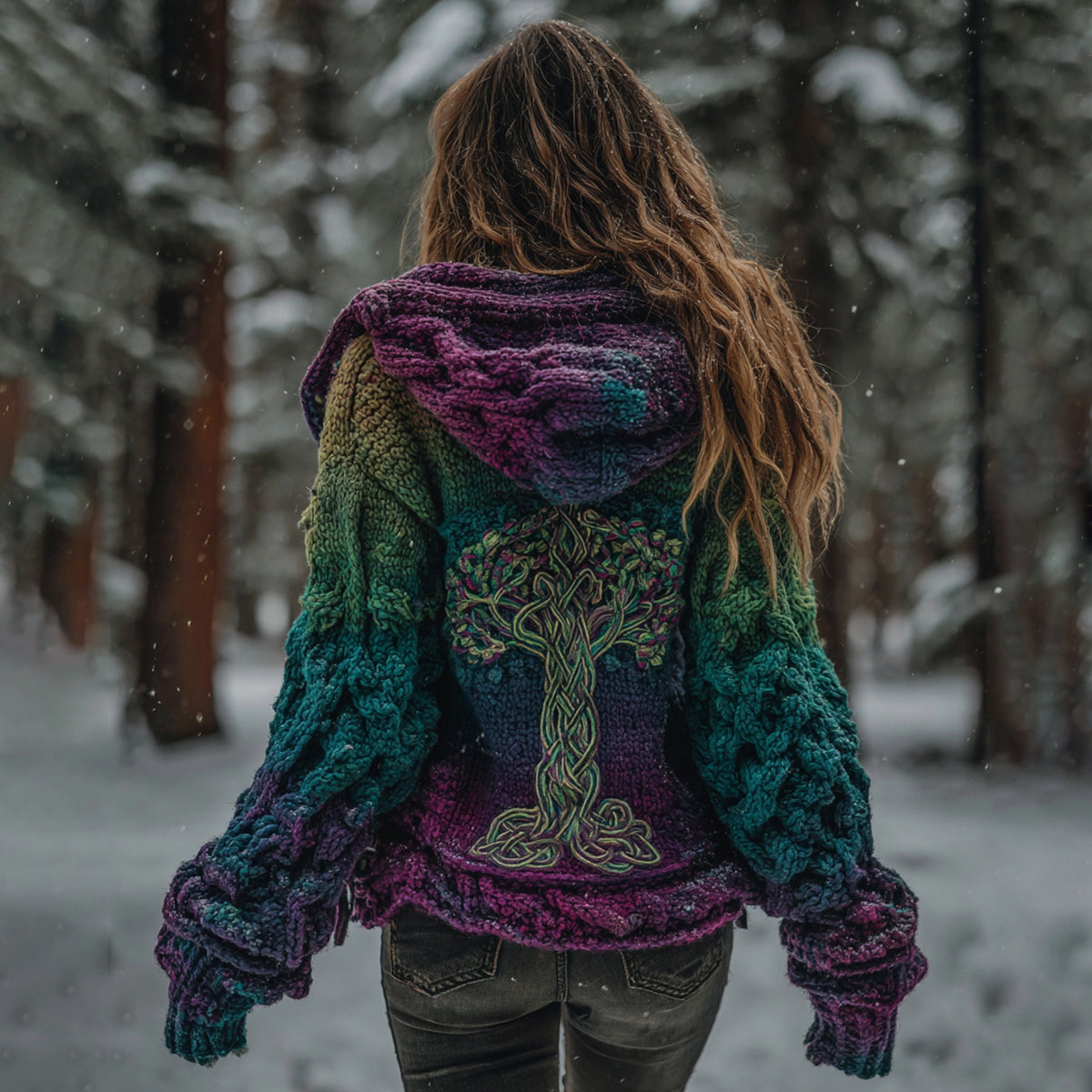 Women's Vintage Viking Tree Of Life Gradient Knit Zip-up Hooded Sweater artswardrobe
