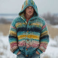 Men's Colorful Striped Contrast Warm Knitted Button Hooded Sweater artswardrobe