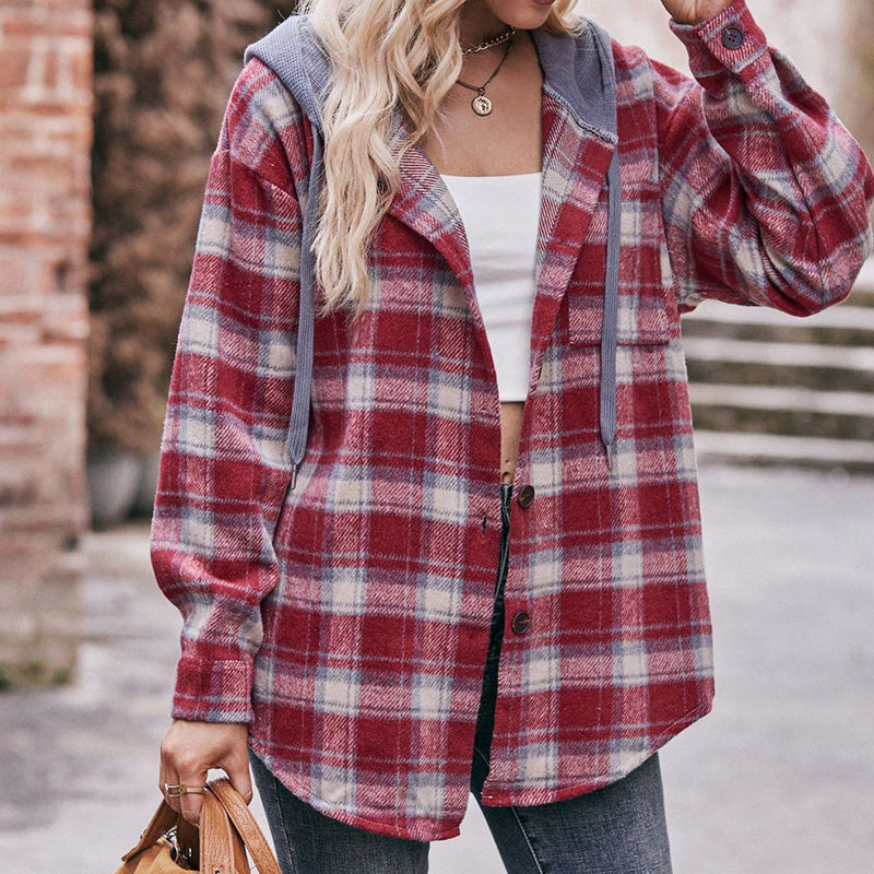 Hooded Flannel Plaid Coat Shirt in Multiple Colors