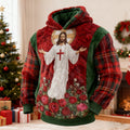 Comstylish Men's Retro Christmas Jesus Pattern Flannel Hoodie