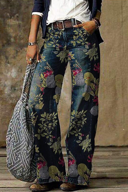 Print Patchwork Mid Waist Boot Cut Denim Jeans(5 Colors)