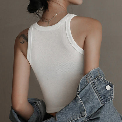 O Neck Ribbed Sleeveless Tank Top Camisole Summer Basic Elastic Black Crop Top