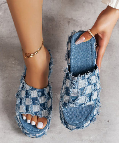 New Blue Platform Bottom Denim Tassel Checkered Slide Sandals Uu001