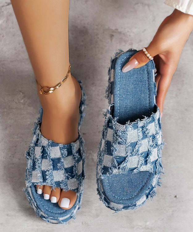 New Blue Platform Bottom Denim Tassel Checkered Slide Sandals Uu001