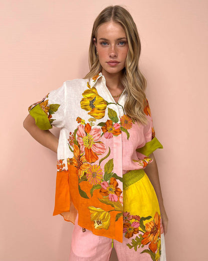 Printed Cotton Linen Two-piece Suit Outfit Top Wide Leg Pants – Stylish Set