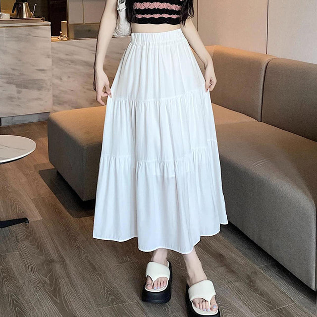Summer Chiffon Skirts High Waist Elastic Patchwork White Black Mid Length Cake A-line Skirt for Student