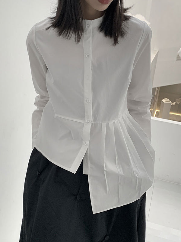 Long Sleeves Asymmetric Buttoned Pleated Color Round-neck Blouses&shirts Tops