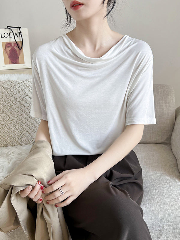 Short Sleeves Pleated Color Heaps Collar T-shirts Tops
