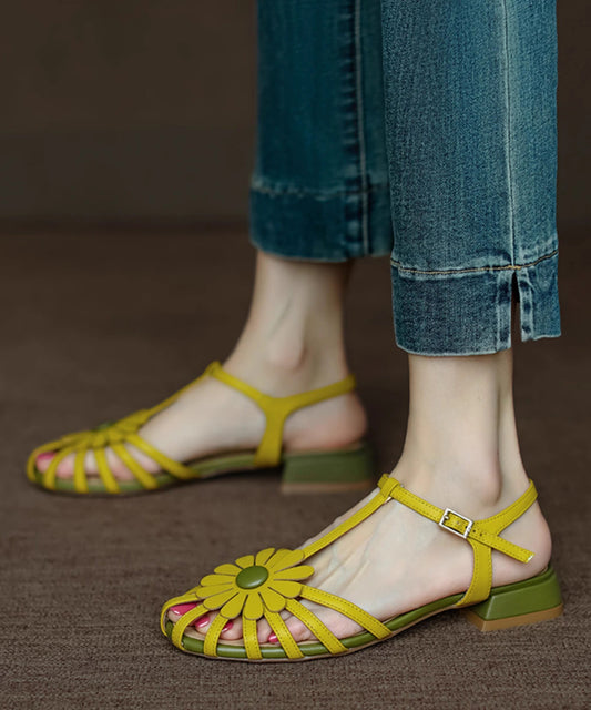 French Yellow Hollow Out Sandals Splicing Chunky Aa019