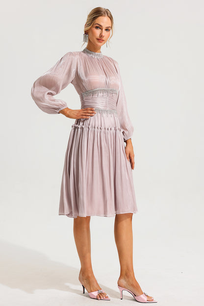Rhinestone Ruched Long Sleeve Ruffle Midi Dress