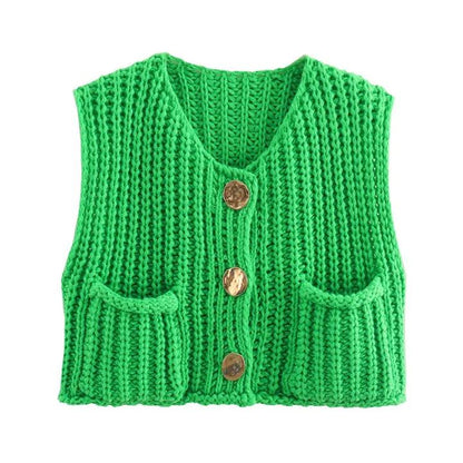 Large Buttons Color Knit Vest Cardigan