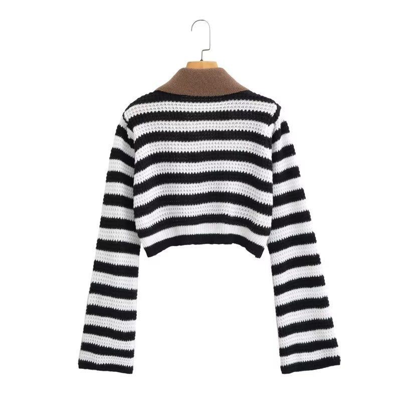 Stripe Contrast Color Lapels Knitted Cardigan – ’s Loose Short Top
