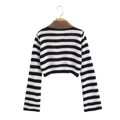 Stripe Contrast Color Lapels Knitted Cardigan – ’s Loose Short Top