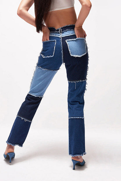 Color Block Patch Contrast Mid Waist Regular Denim Jeans(6 Colors)