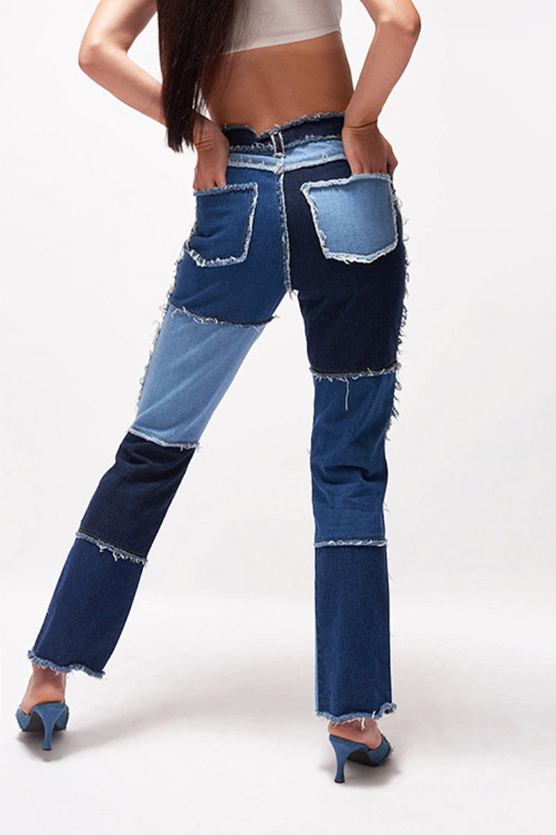 Color Block Patch Contrast Mid Waist Regular Denim Jeans(6 Colors)