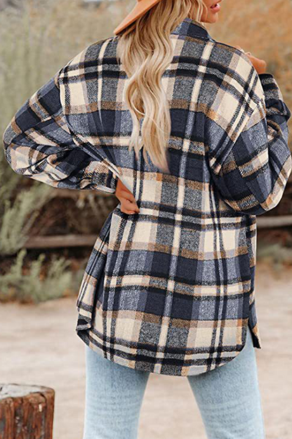 Plaid Pocket Buckle Turndown Collar Outerwear(8 Colors)