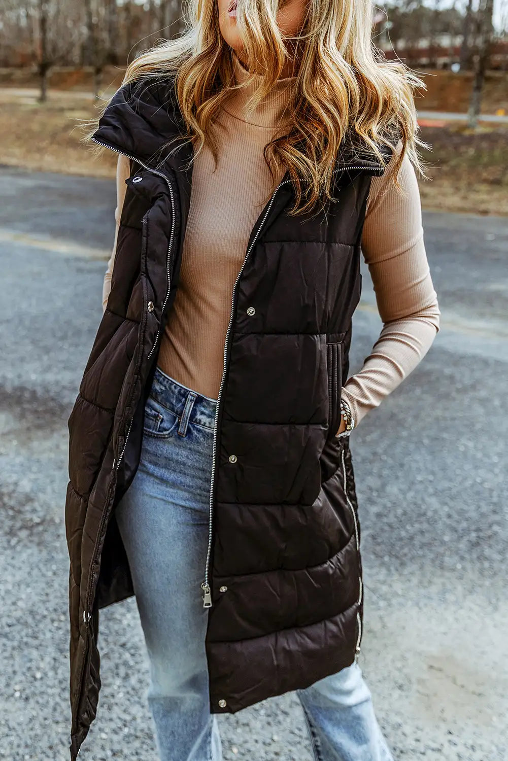 Black Quilted Hooded Vest Coat