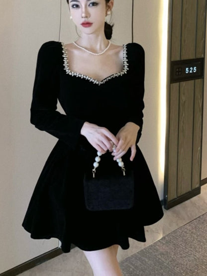 Black Velvet Mini Dress Long Sleeve Square Collar High Waist A-line Autumn Spring Evening Party Vestidos Mujer New
