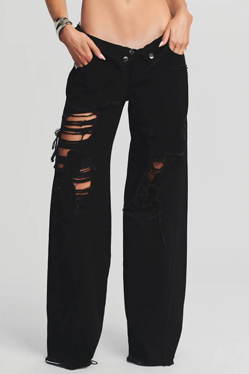 Ripped Patchwork Mid Waist Regular Denim Jeans (subject to the Actual Object)(5 Colors)