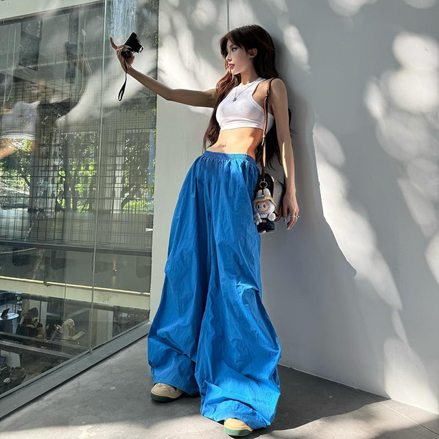 Y2k Summer Hipster Pockets Cargo Color Elastic High Waist Wide Leg Pants Trousers 2000s Street Wear Club
