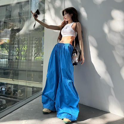Y2k Summer Hipster Pockets Cargo Color Elastic High Waist Wide Leg Pants Trousers 2000s Street Wear Club