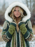 Vintage Irish Celtic Knot Knit Chunky Fur Trim Hooded Cardigan artswardrobe
