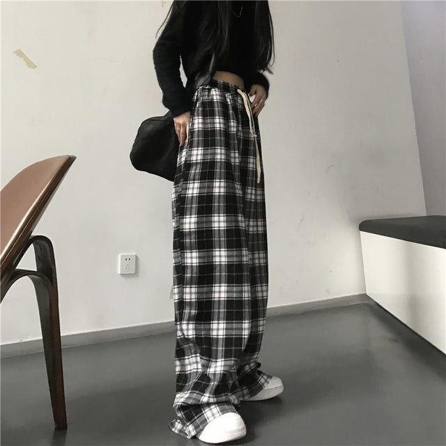Oversize Sweatpants Black Plaid Pants Baggy Elastic Waist Pockets Student Hip Hop Loose Trousers