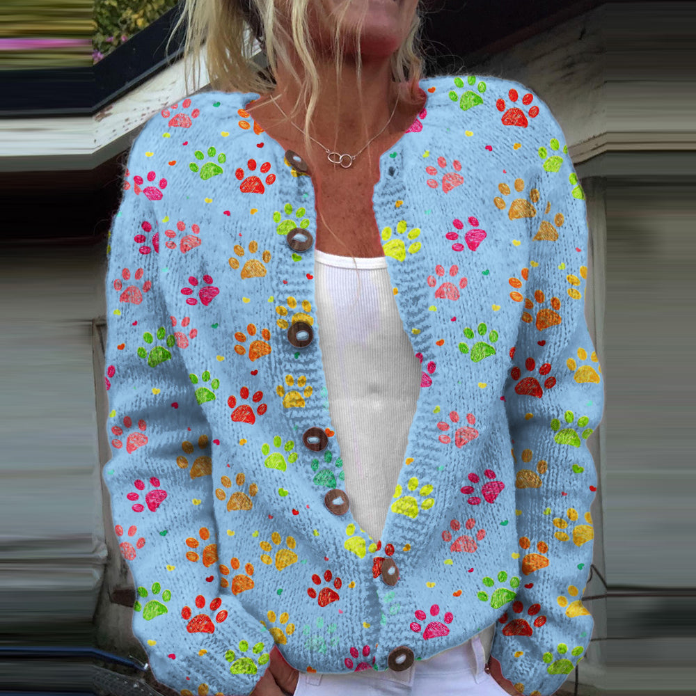 Comstylish Dog Paw Print Long Sleeve Casual Knitted Cardigan