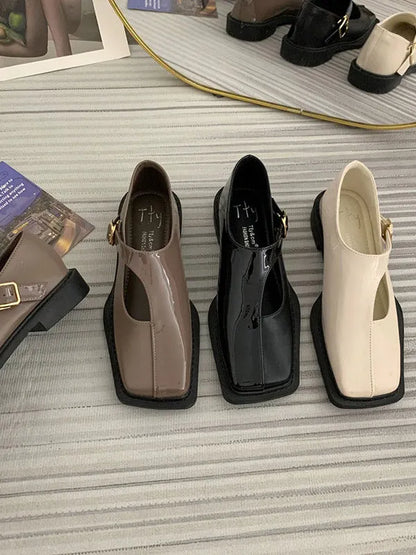 Buckle Hollow Split-joint Square-toe Flat Shoes Loafers