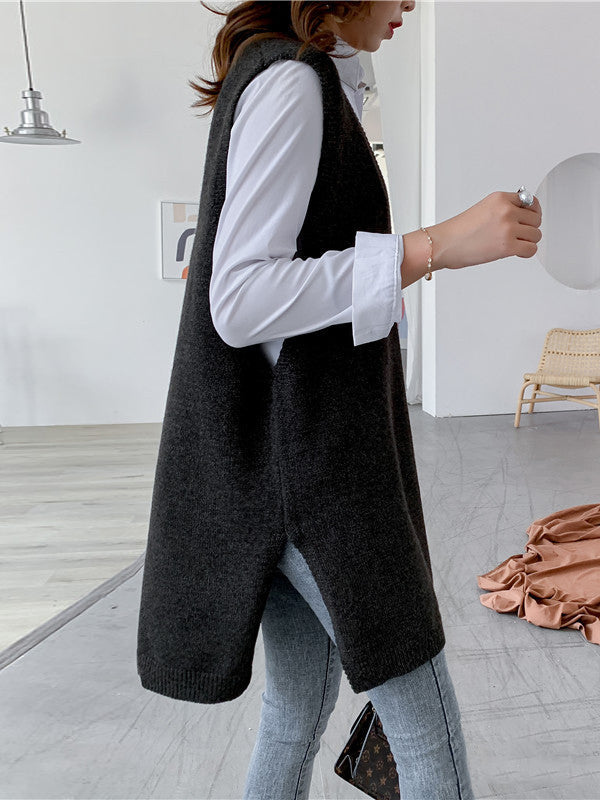 Sleeveless Split-side Color V-neck Knitted Vest