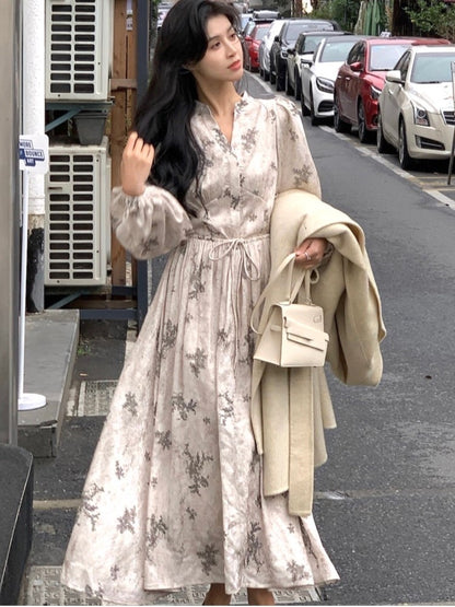 Midi Dress Printed Lantern Sleeve V-neck French Autumn Lace Up Female Evening Party Vestidos Mujer