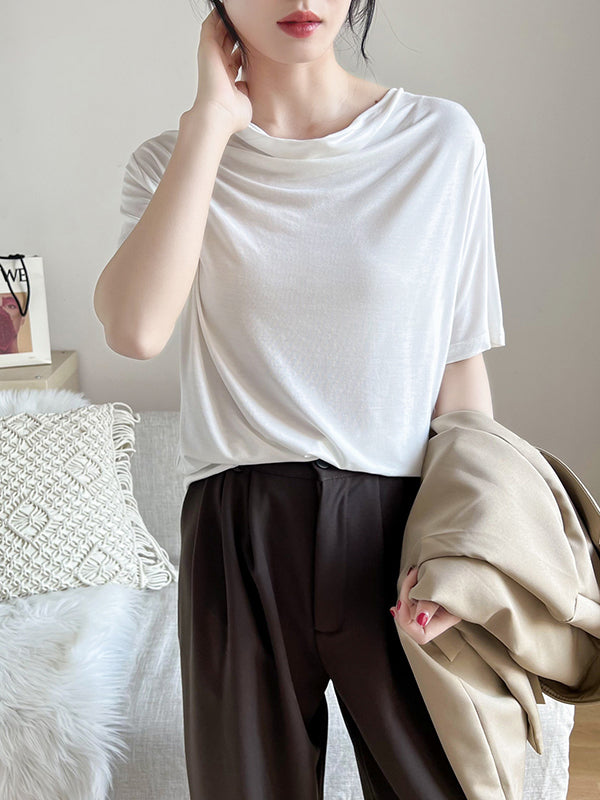 Short Sleeves Pleated Color Heaps Collar T-shirts Tops