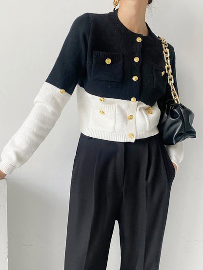 Long Sleeves Buttoned Contrast Color Round-neck Cardigan Tops