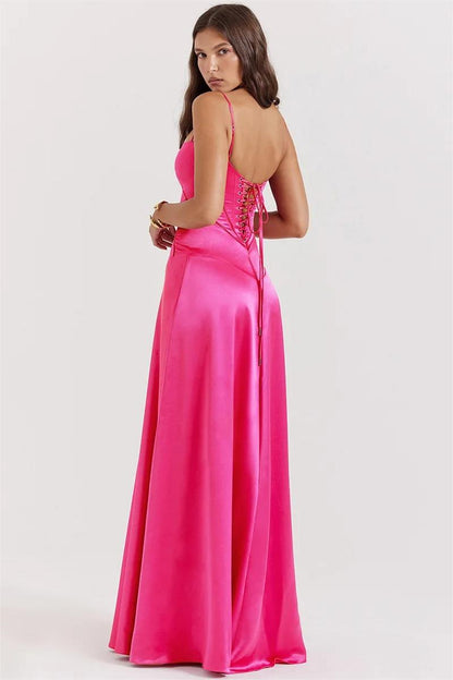 Satin Lace Up Maxi Dress Fuchsia