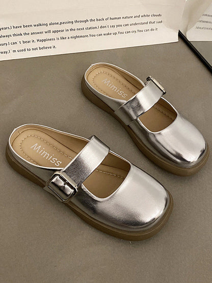 Belt Buckle Round-toe Shallow Cut Split-joint Platform Shoes Slippers&mules