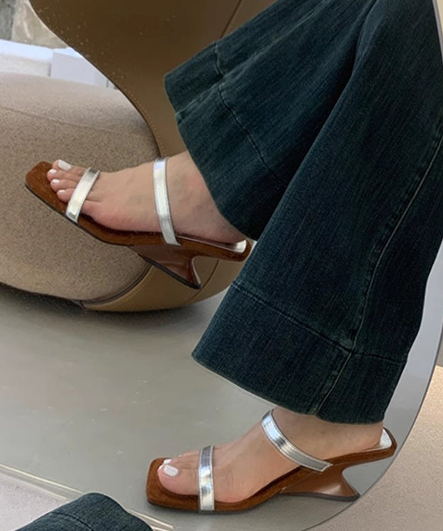 French Gold Wedge Heel Slide Sandals Peep Toe Oi033