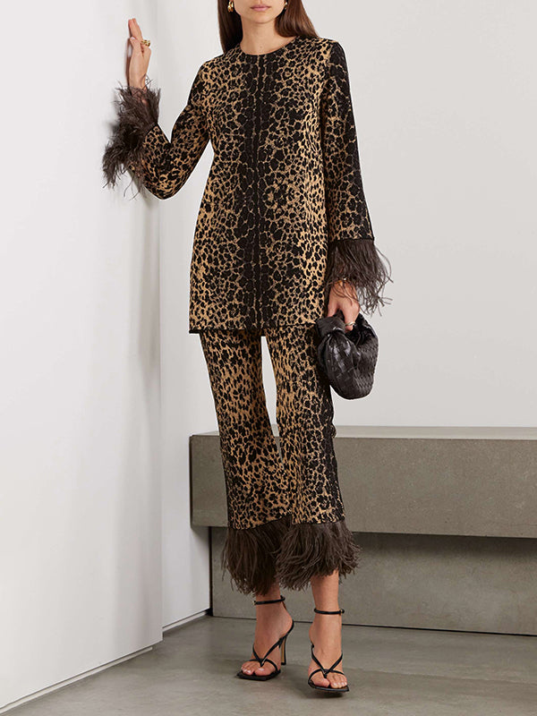 Long Sleeves Feathers Leopard Round-neck Pants Pants Set T-shirts Tops Two-piece Sets
