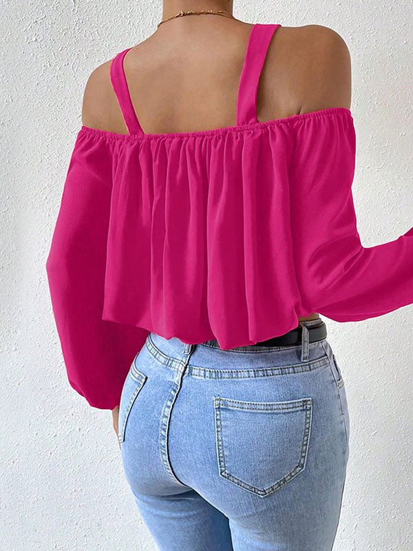 Long Sleeves Loose Elasticity Split-joint Cold Shoulder Blouses&shirts Tops