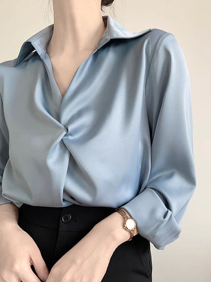 Long Sleeves Loose Knot Color Lapel Blouses&shirts Tops