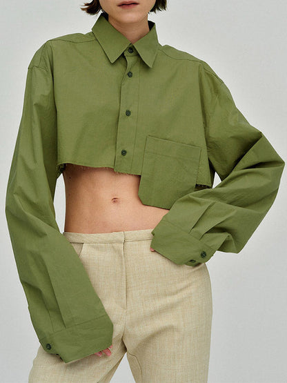 Long Sleeves Loose Asymmetric Buttoned Pockets Color Split-joint Lapel Blouses&shirts Tops