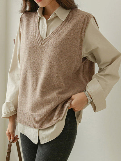 Loose Sleeveless Color V-neck Sweater Vest Outerwear