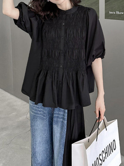 Loose Puff Sleeves Pleated Color Round-neck Blouses&shirts Tops