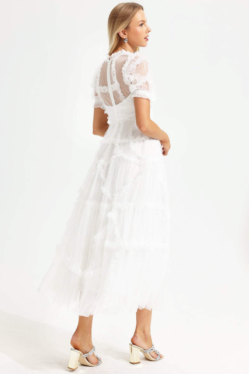 Round Collar Short Sleeve Mesh Ruffle Hem Midi Dress