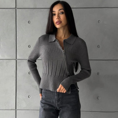 Taruxy White Knitted Cardigan Ribbing Turn Collar Zipper Slim Sweater Femme Autumn Winter Knitwear Cardigans Woman