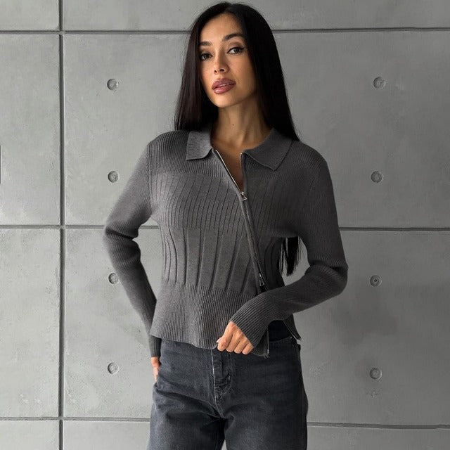 Taruxy White Knitted Cardigan Ribbing Turn Collar Zipper Slim Sweater Femme Autumn Winter Knitwear Cardigans Woman