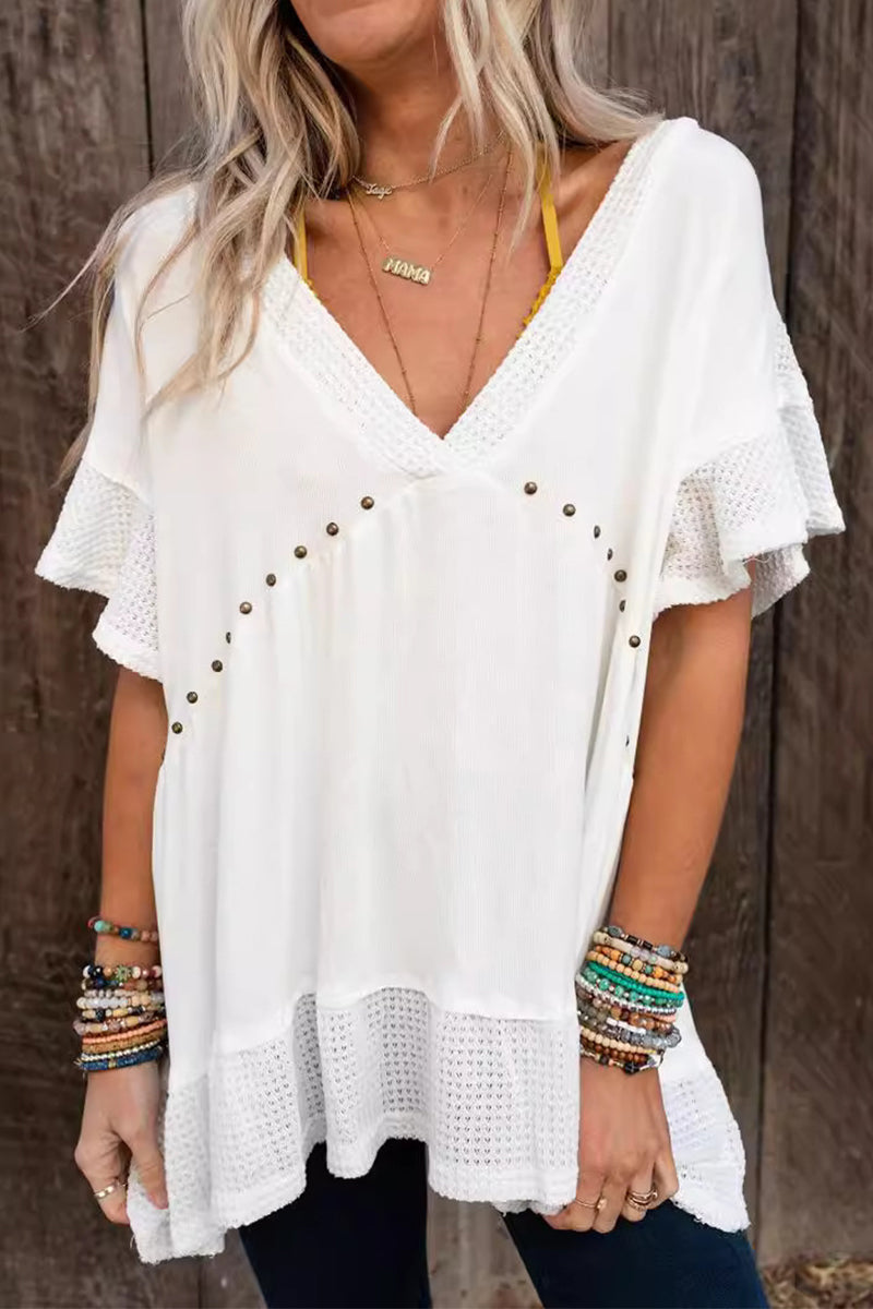 Color Beading V Neck T-shirts