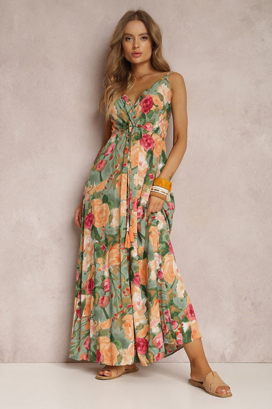 Cami Print V-neck Sleeveless Backless Maxi Dress Green
