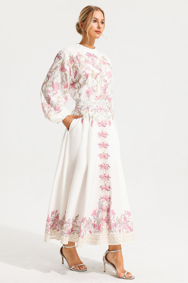Puff Sleeve Top ?bow High Waist Maxi Skirt Set